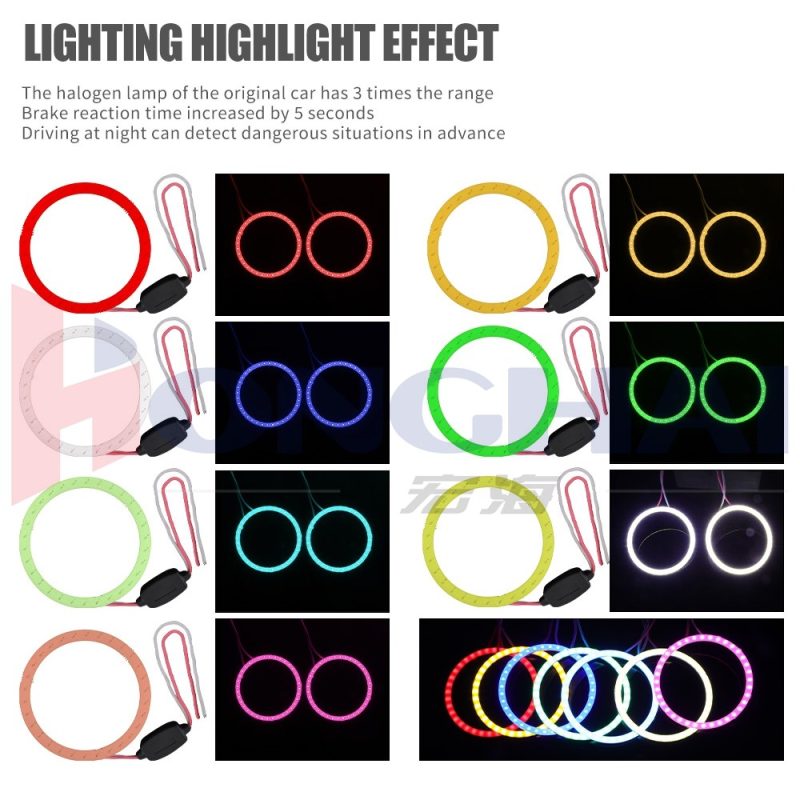 40Mm Seven Color Cob Led Angel Eye Halo Ring Lighting Colors Source graphic showing red, yellow, blue, green, ice blue, white, and pink color references.