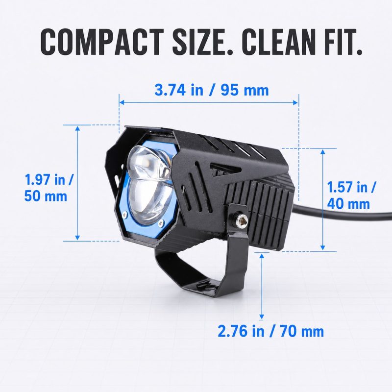 40W Blue Ring Motorcycle Led Spotlight Dimension Reference Source dimension graphic showing compact size references for buyer confirmation before quotation.