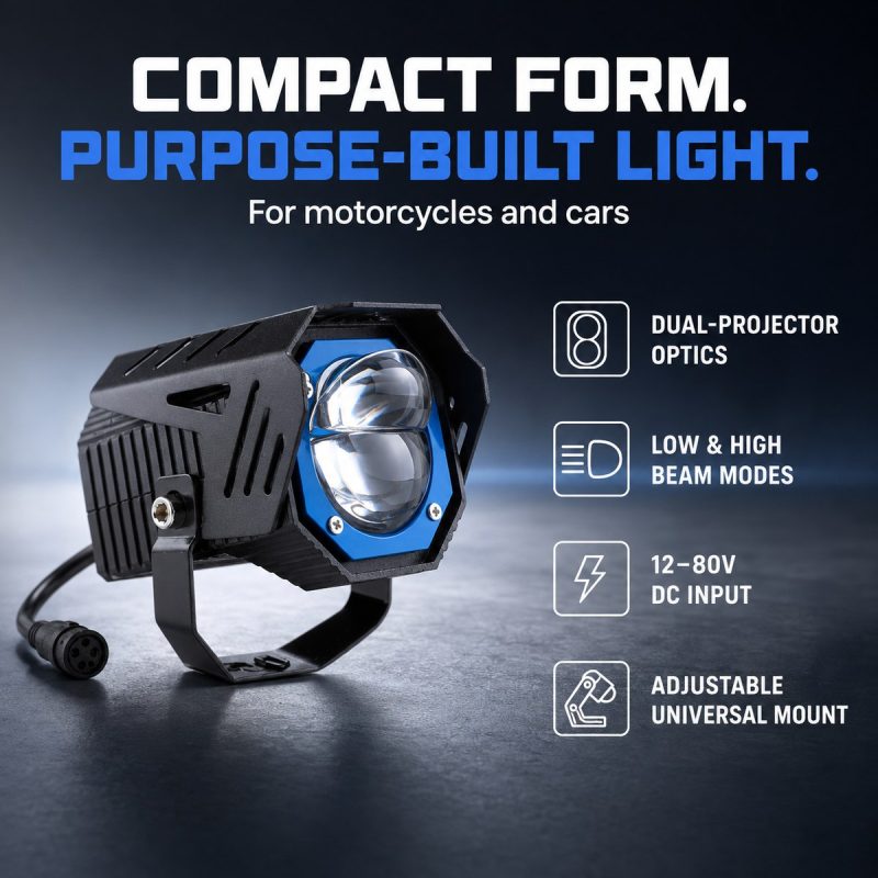 40W Blue Ring Motorcycle Led Spotlight Feature Overview Feature overview graphic showing compact form, dual-projector direction, low/high beam reference, 12-80V DC source reference, and adjustable mount dir