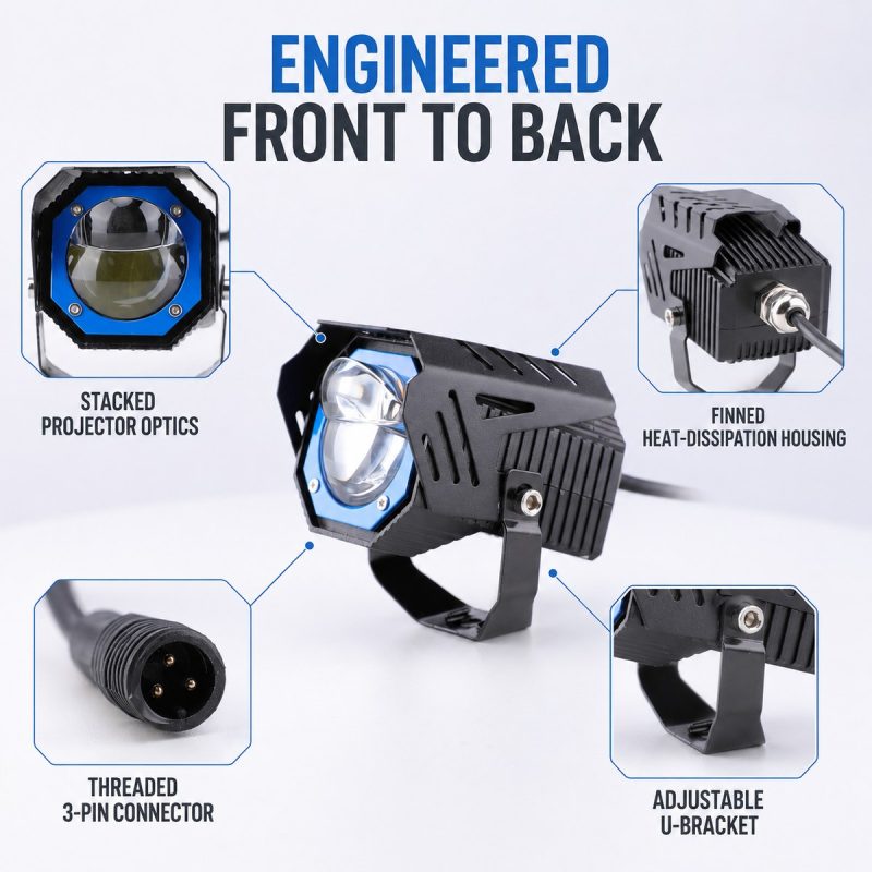 40W Blue Ring Motorcycle Led Spotlight Front Rear Detail Front and rear structure reference showing the projector lens, rear body, bracket, and hardware direction.