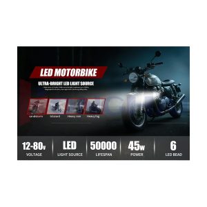 45W 6 Led Motorcycle Spotlight Performance Overview Source overview graphic showing 6 high-power LED bulbs, 6000K white light, 3600LM source wording, 12-80V voltage, 45W power, and 50,000-hour life refe