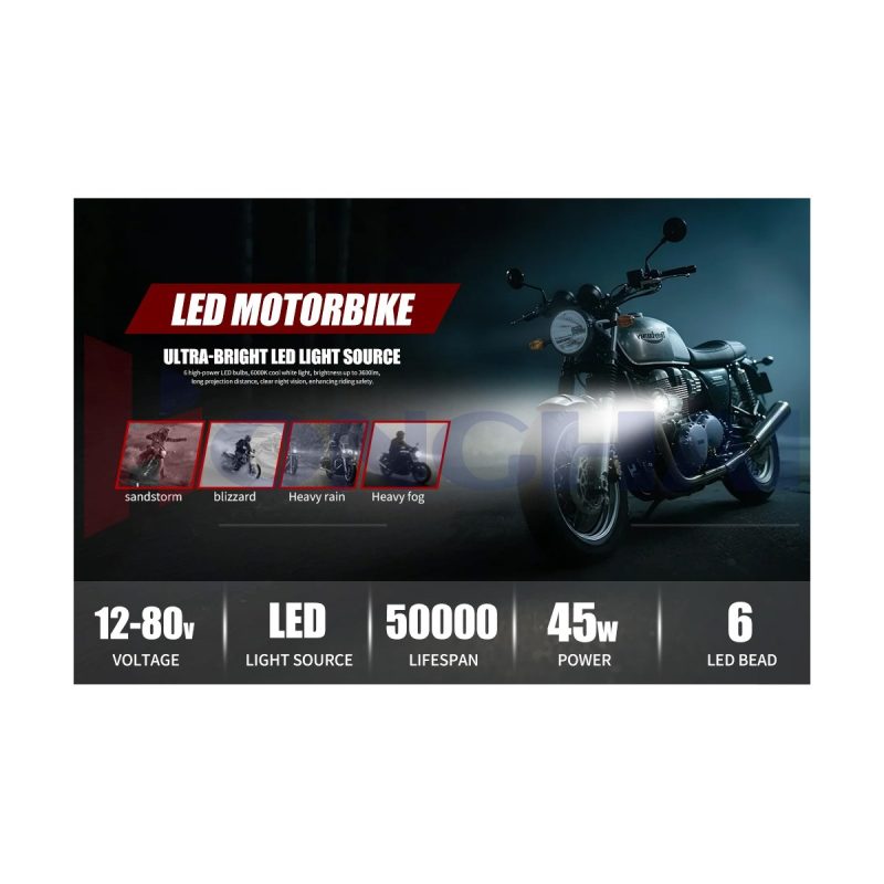 45W 6 Led Motorcycle Spotlight Performance Overview Source overview graphic showing 6 high-power LED bulbs, 6000K white light, 3600LM source wording, 12-80V voltage, 45W power, and 50,000-hour life refe