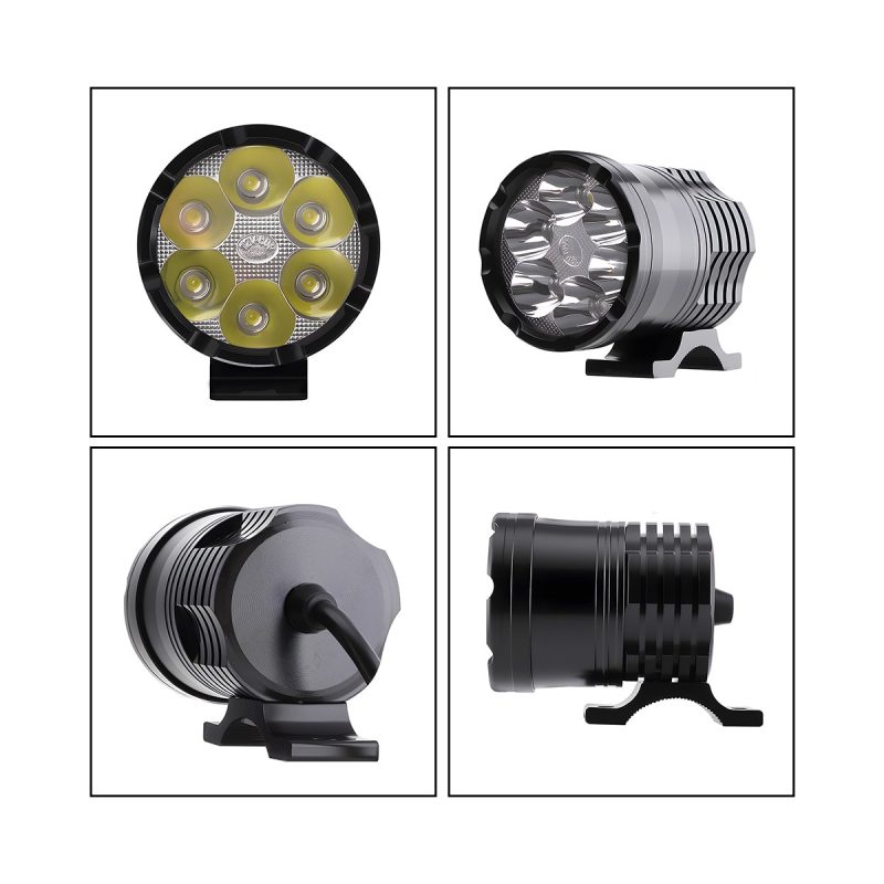 45W 6 Led Motorcycle Spotlight Side Clamp Side housing view showing the heat-sink body, wire lead, and clamp bracket position.