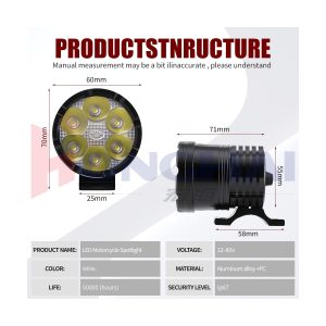 45W 6 Led Motorcycle Spotlight Specifications Dimensions Source specification graphic showing 60mm width, 70mm height, 71mm depth, 12-80V, aluminum alloy + PC, 50,000-hour life reference, and IP67 wording.