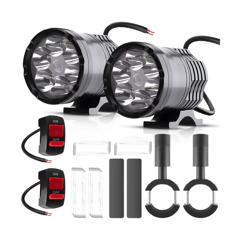 45W 6 Led Motorcycle Spotlight Two Piece Kit Two-piece kit reference showing paired spotlights, switches, clamp brackets, Allen keys, and mounting hardware.