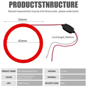 50Mm Seven Color Cob Led Angel Eye Halo Ring Source Specifications Source specification graphic with 50mm/42mm dimensions, 3000mm cord, 12-24V, PC, life, and IP68 wording.