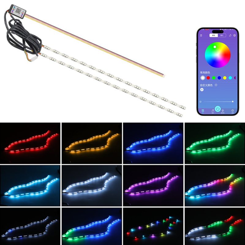 510Mm 12V App Rgb Streamer Crystal Tear Eye Led Drl Strip Color Modes Source graphic showing app color screen and multiple phantom-color lighting references.