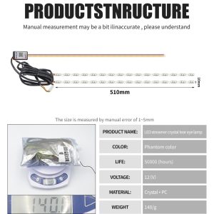 510Mm 12V App Rgb Streamer Crystal Tear Eye Led Drl Strip Specifications Dimensions Source specification graphic showing 510mm length, 10mm width, phantom color, 12V voltage, Crystal + PC material reference, 50,000-hour life reference
