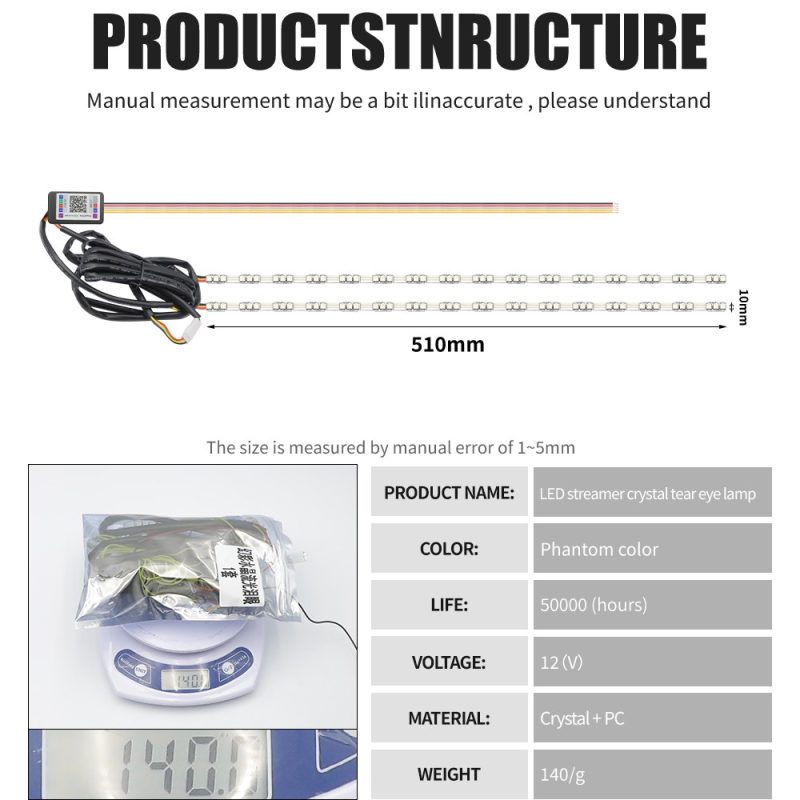 510Mm 12V App Rgb Streamer Crystal Tear Eye Led Drl Strip Specifications Dimensions Source specification graphic showing 510mm length, 10mm width, phantom color, 12V voltage, Crystal + PC material reference, 50,000-hour life reference