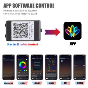 530Mm App Rgb Crystal Teary Led Drl Strip App Control Source app software control graphic showing Bluetooth link, color, music, mode, DIY, and timing references.