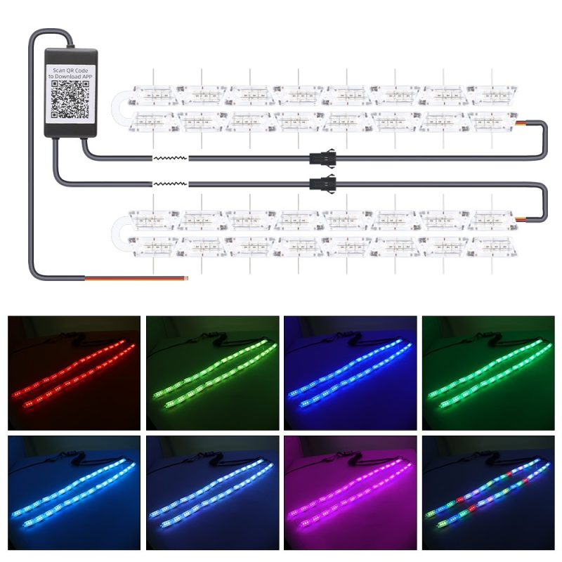 530Mm App Rgb Crystal Teary Led Drl Strip Color Modes Source graphic showing controller layout and red, green, blue, cyan, purple, and multicolor lighting examples.