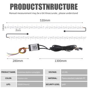 530Mm App Rgb Crystal Teary Led Drl Strip Specifications Dimensions Source specification graphic showing 530mm length, 14mm width, 35mm pitch reference, 280mm wire section, 1300mm cable reference, 12-24V, phantom color