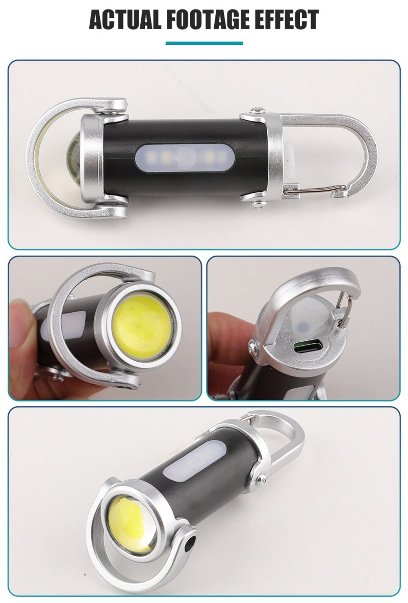 5W Mini Carabiner Led Work Flashlight Actual Footage Actual product footage composite showing side lamp, front lamp, Type-C port, and carabiner details.