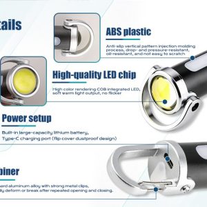 5W Mini Carabiner Led Work Flashlight Product Details English detail graphic showing ABS body reference, LED chip reference, Type-C charging port, and carabiner hook.