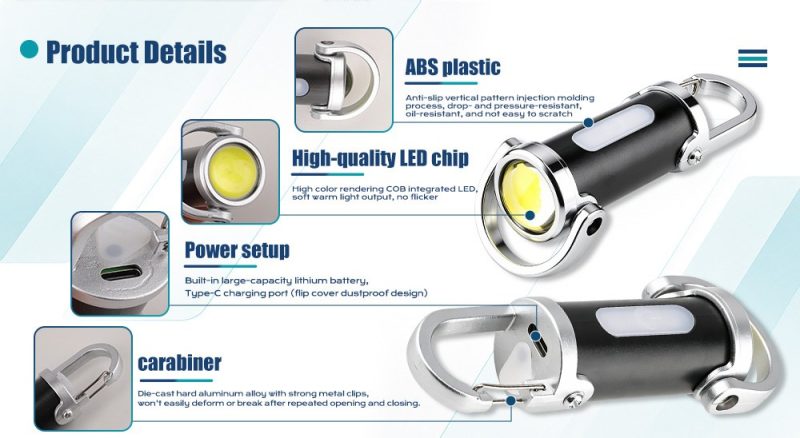 5W Mini Carabiner Led Work Flashlight Product Details English detail graphic showing ABS body reference, LED chip reference, Type-C charging port, and carabiner hook.