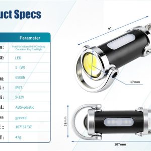 5W Mini Carabiner Led Work Flashlight Specs Dimensions English source spec graphic showing 5W, 9-12V source reference, IP67, ABS + plastic, 107 x 37 x 37 mm, and 47 g references.