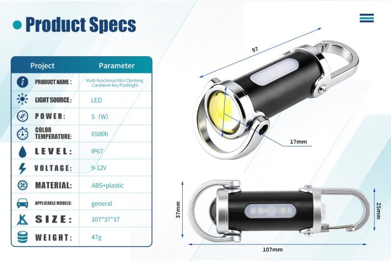 5W Mini Carabiner Led Work Flashlight Specs Dimensions English source spec graphic showing 5W, 9-12V source reference, IP67, ABS + plastic, 107 x 37 x 37 mm, and 47 g references.