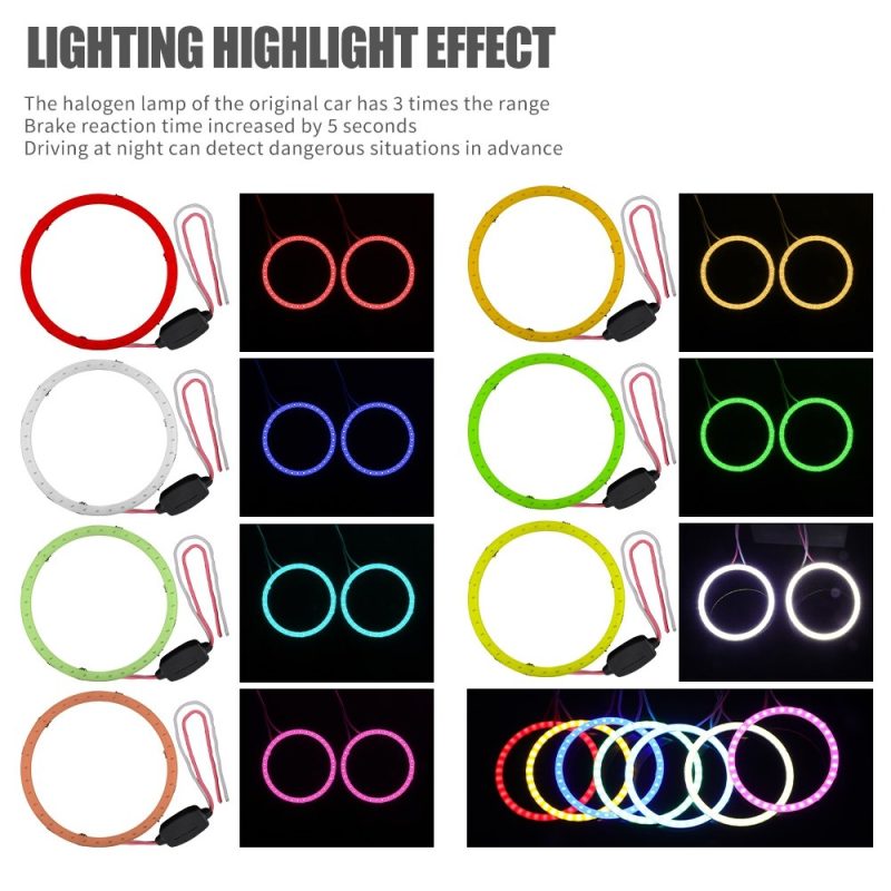 60Mm Seven Color Cob Led Angel Eye Halo Ring Lighting Colors Source graphic showing red, yellow, blue, green, ice blue, white, and pink color references.