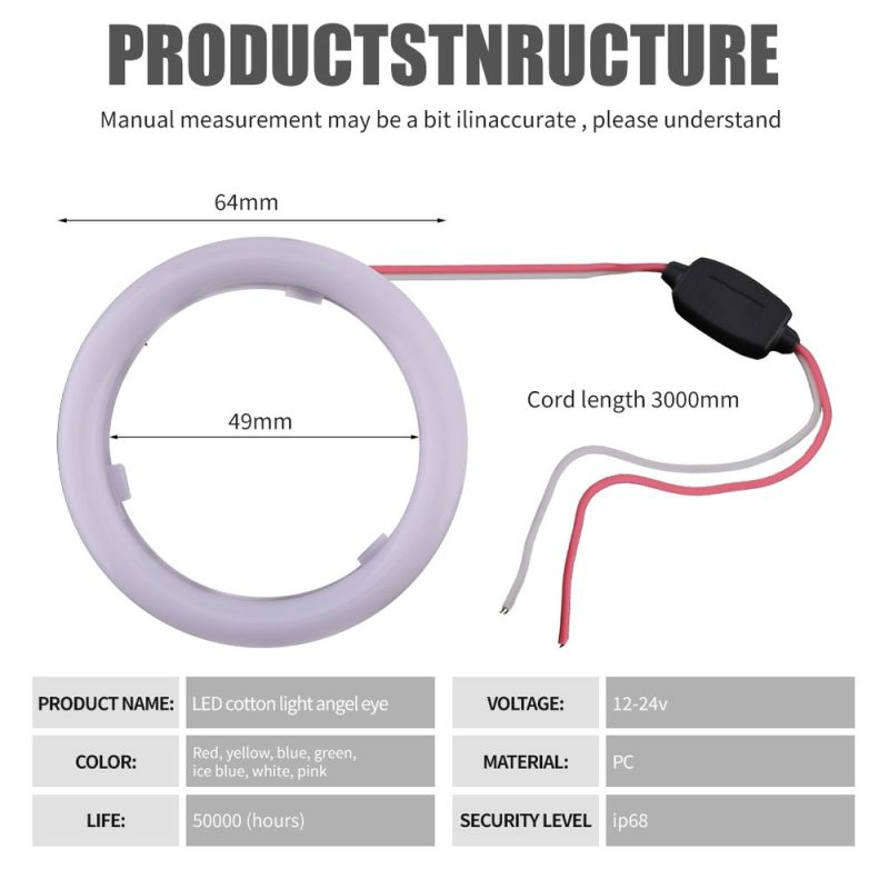 64Mm Cotton Light Led Angel Eye Halo Ring Source Specifications Source specification graphic with 64mm/49mm dimensions, 3000mm cord, 12-24V, PC, life, and IP68 wording.