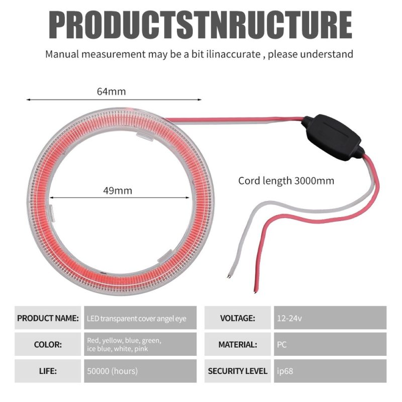 Source specification graphic with 64mm/49mm dimensions, 3000mm cord, 12-24V, PC, life, and IP68 wording.