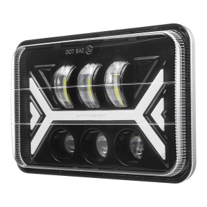 7 Inch Double Arrow Square Led Headlight Angled View Angled view showing the double-arrow DRL styling and lens layout.