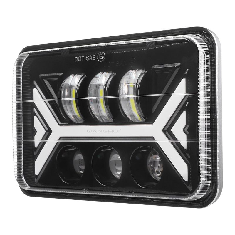 7 Inch Double Arrow Square Led Headlight Angled View Angled view showing the double-arrow DRL styling and lens layout.
