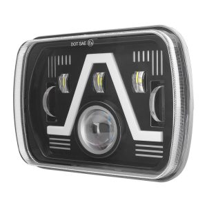 7 Inch V Style Square Led Headlight Angled View Angled product view showing the V-shape DRL styling and projector lens.