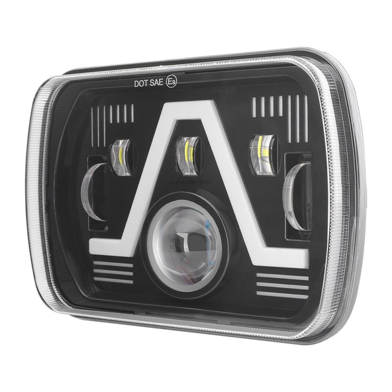 7 Inch V Style Square Led Headlight Angled View Angled product view showing the V-shape DRL styling and projector lens.