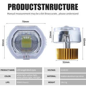 70Mm Angel Devil Eye Led Headlight Dimensions Specs Source structure graphic showing dimensions, 12-85V voltage, color references, material wording, weight, and life reference.