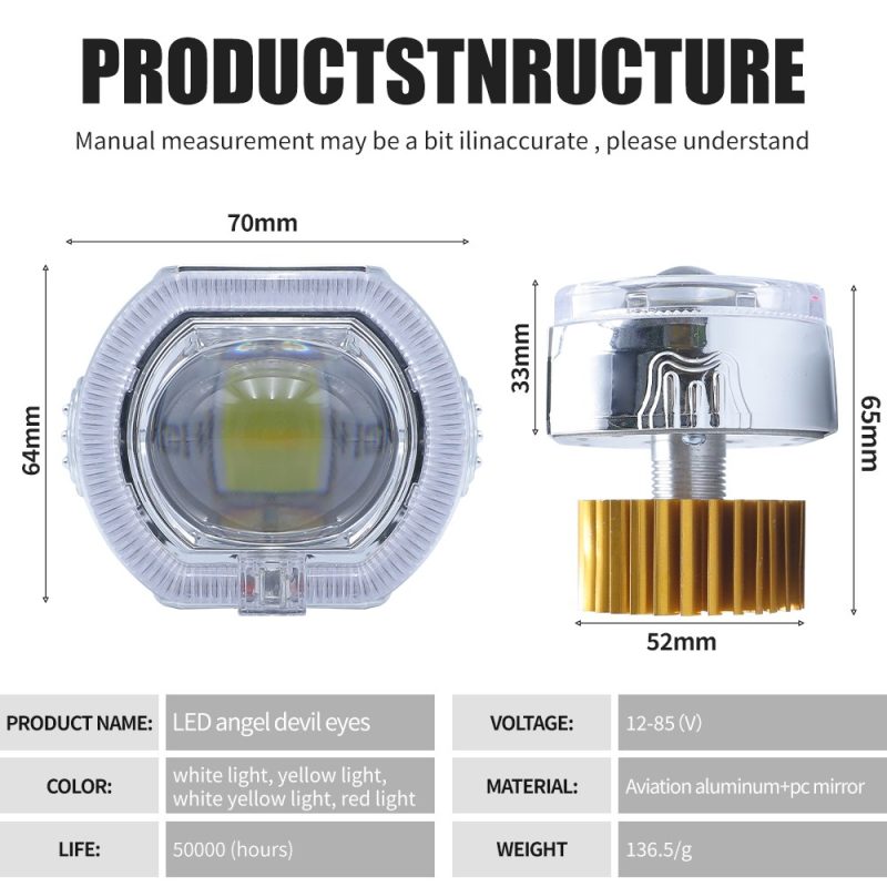 70Mm Angel Devil Eye Led Headlight Dimensions Specs Source structure graphic showing dimensions, 12-85V voltage, color references, material wording, weight, and life reference.