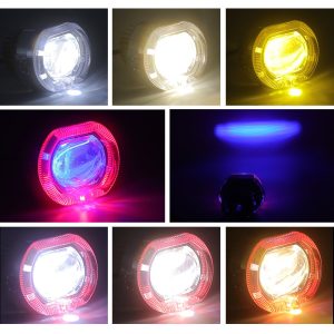 70Mm Angel Devil Eye Led Headlight Lighting Colors Source lighting-color graphic showing white, yellow, white-yellow, red, and blue/purple beam references.