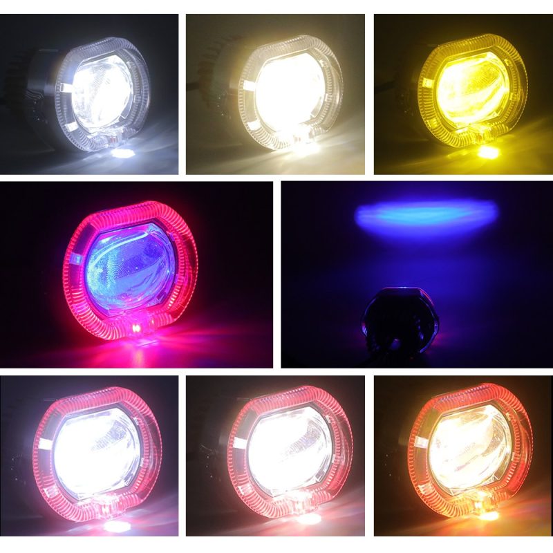 70Mm Angel Devil Eye Led Headlight Lighting Colors Source lighting-color graphic showing white, yellow, white-yellow, red, and blue/purple beam references.