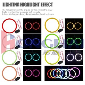 70Mm Seven Color Cob Led Angel Eye Halo Ring Lighting Colors Source graphic showing red, yellow, blue, green, ice blue, white, and pink color references.