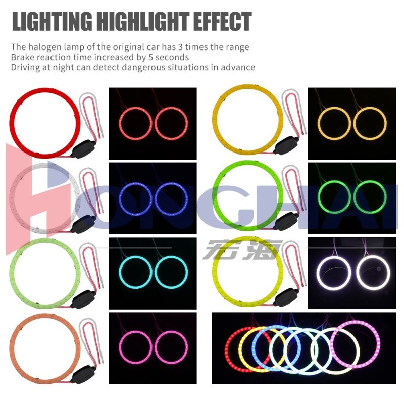 70Mm Seven Color Cob Led Angel Eye Halo Ring Lighting Colors Source graphic showing red, yellow, blue, green, ice blue, white, and pink color references.