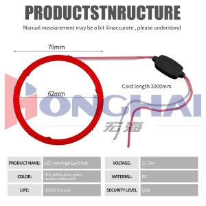 70Mm Seven Color Cob Led Angel Eye Halo Ring Source Specifications Source specification graphic with 70mm/62mm dimensions, 3000mm cord, 12-24V, PC, life, and IP68 wording.