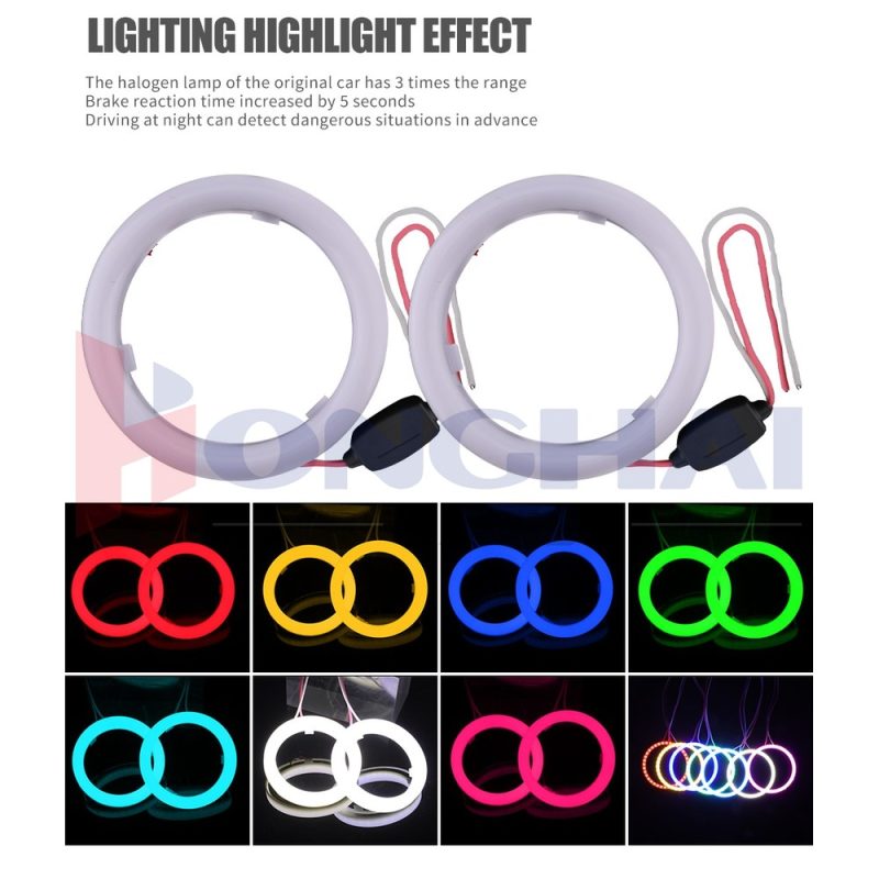 73Mm Cotton Light Led Angel Eye Halo Ring Lighting Colors Source graphic showing red, yellow, blue, green, ice blue, white, and pink color references.