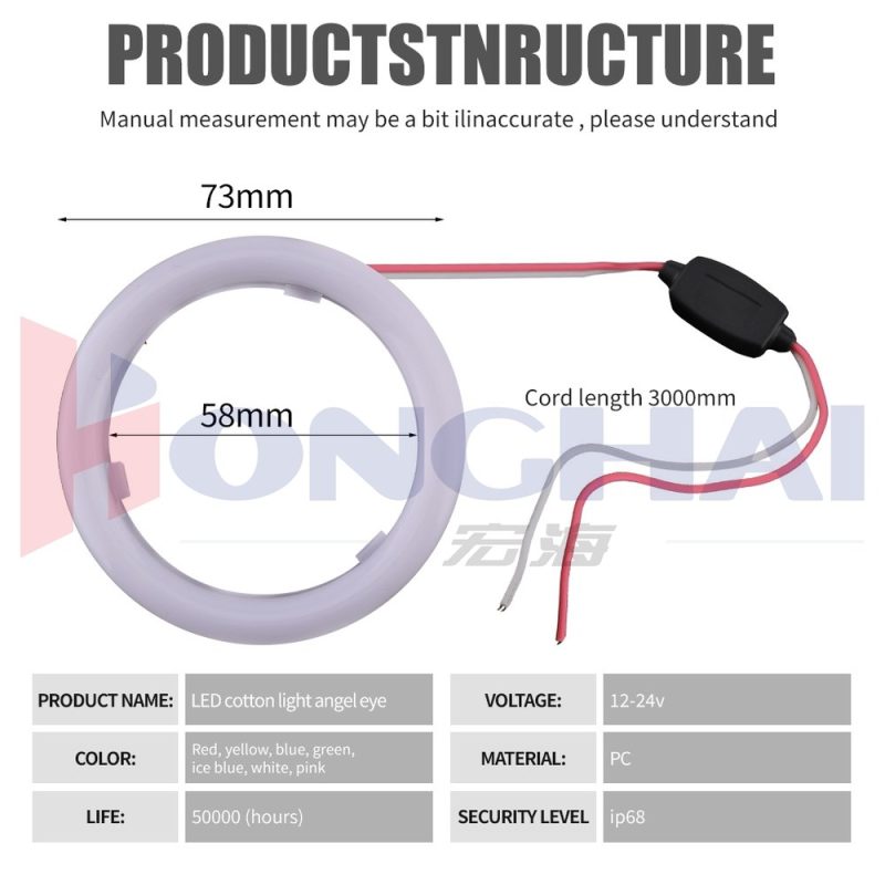 73Mm Cotton Light Led Angel Eye Halo Ring Source Specifications Source specification graphic with 73mm/58mm dimensions, 3000mm cord, 12-24V, PC, life, and IP68 wording.