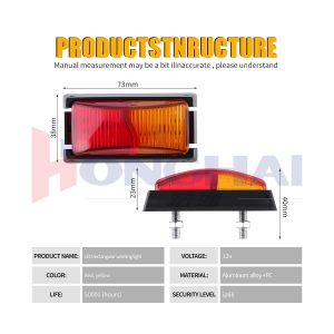 Source structure graphic showing 73mm, 38mm, 23mm, 40mm, 12V, material, color, life, and IP68 wording.