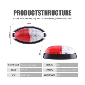 73Mm Red White Oval Led Warning Marker Light Structure Specs Source structure graphic showing 12V, IP68, 73mm length, 39mm width, and 27mm side-height references.