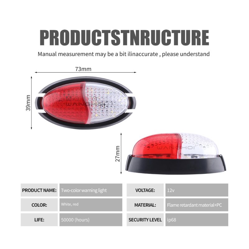 73Mm Red White Oval Led Warning Marker Light Structure Specs Source structure graphic showing 12V, IP68, 73mm length, 39mm width, and 27mm side-height references.