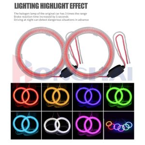 73Mm Transparent Cover Led Angel Eye Halo Ring Lighting Colors Source graphic showing red, yellow, blue, green, ice blue, white, and pink color references.