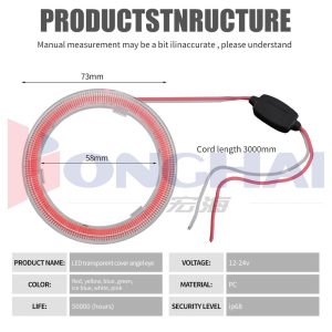 73Mm Transparent Cover Led Angel Eye Halo Ring Source Specifications Source specification graphic with 73mm/58mm dimensions, 3000mm cord, 12-24V, PC, life, and IP68 wording.