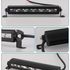 75W 210Mm Single Row Led Work Light Bar Actual Footage Actual product footage composite showing front view, bracket close-up, rear housing, and cable direction.