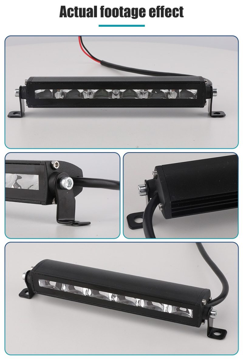 75W 210Mm Single Row Led Work Light Bar Actual Footage Actual product footage composite showing front view, bracket close-up, rear housing, and cable direction.