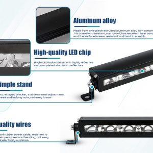 75W 210Mm Single Row Led Work Light Bar Product Details English detail graphic showing aluminum alloy housing, LED chip reference, simple stand, and wiring references.
