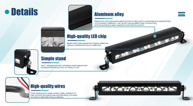 75W 210Mm Single Row Led Work Light Bar Product Details English detail graphic showing aluminum alloy housing, LED chip reference, simple stand, and wiring references.