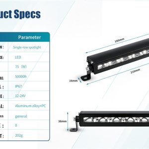 75W 210Mm Single Row Led Work Light Bar Specs Dimensions English source spec graphic showing 75W, IP67, aluminum alloy + PC, 210mm overall length reference, and 202g weight reference.