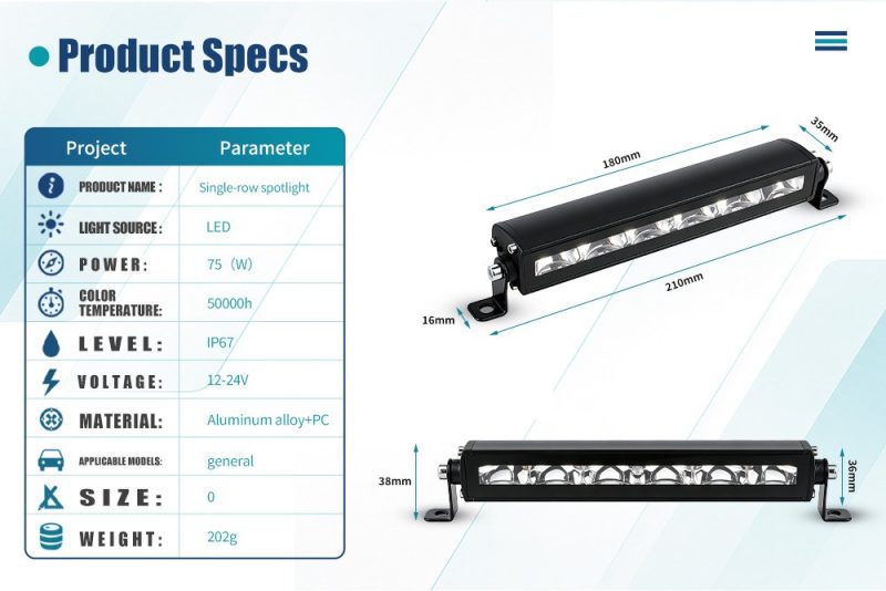 75W 210Mm Single Row Led Work Light Bar Specs Dimensions English source spec graphic showing 75W, IP67, aluminum alloy + PC, 210mm overall length reference, and 202g weight reference.