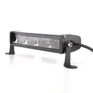75W Single Row 4 Lens Led Work Light Bar Close Bracket Close view of the light face, side hardware, bracket, and cable exit.