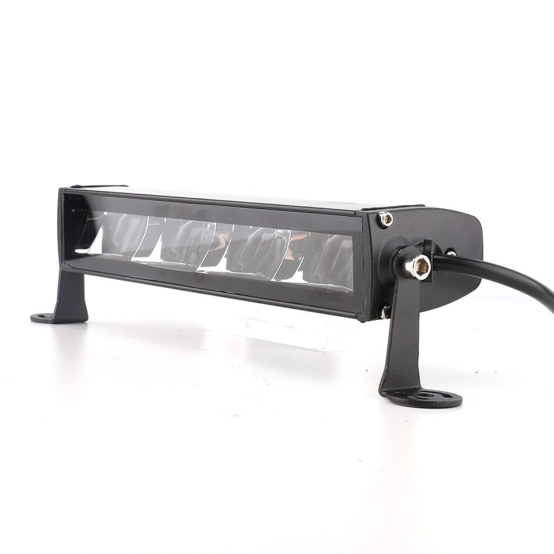 75W Single Row 4 Lens Led Work Light Bar Close Bracket Close view of the light face, side hardware, bracket, and cable exit.
